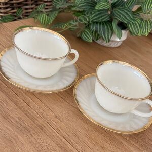 Vintage Fire King Gold-Trimmed White Teacup Set of 2